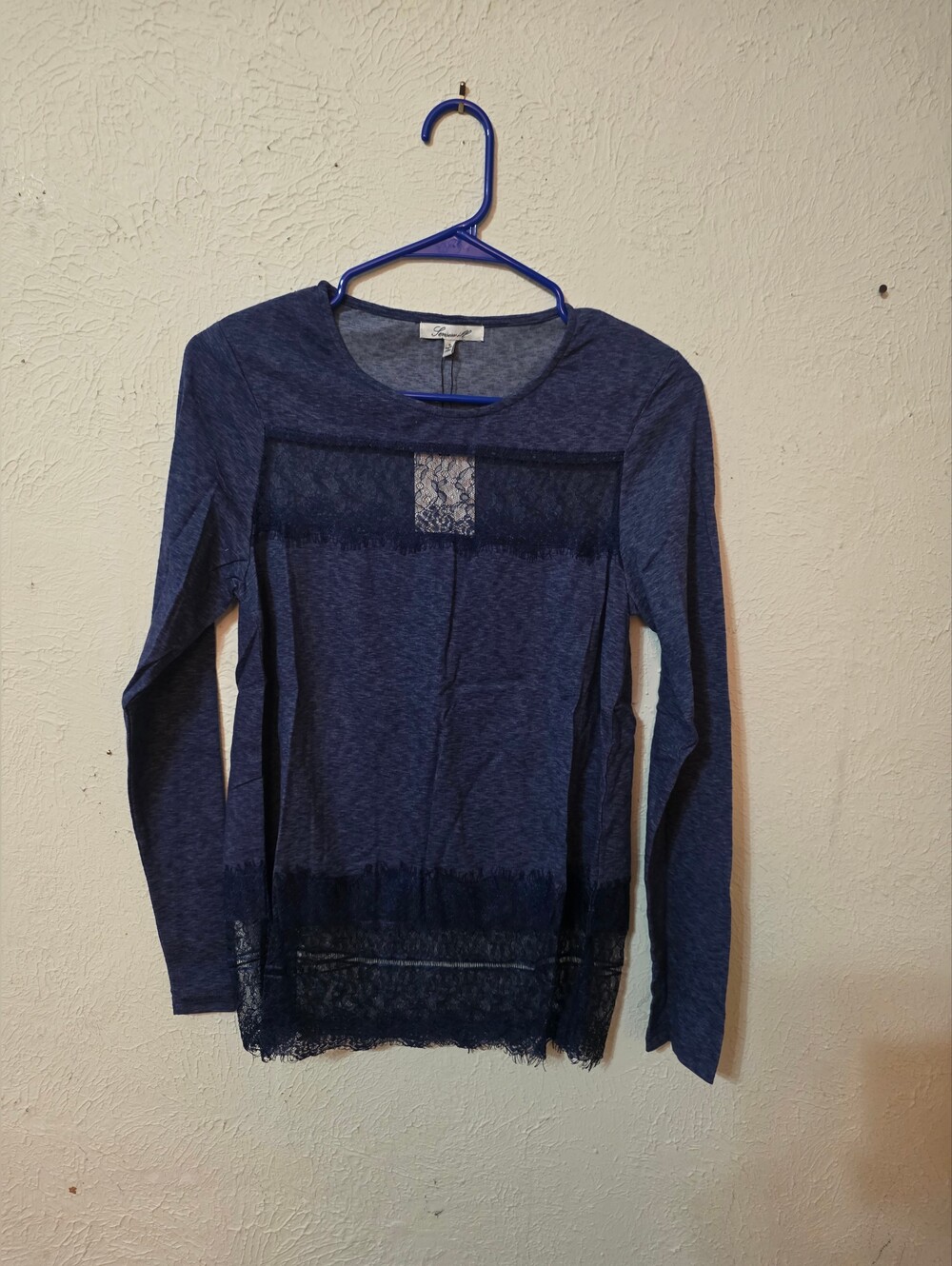 *NWT* Sensemill - S - Sheer Lace Trim Long-Sleeve Top - Navy